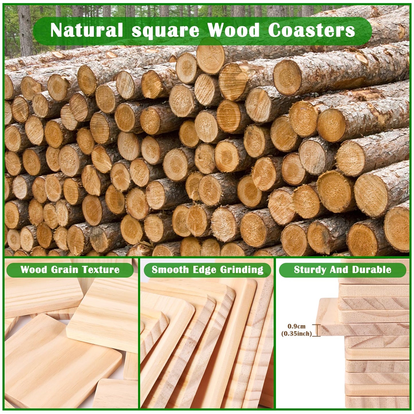 38 Pack Unfinished Wood Coasters - 4 Inch Square Blank Wooden Coasters with Non-Slip Silicon Dots for DIY Crafts, Architectural Models, Drawing, Painting, Wood Engraving