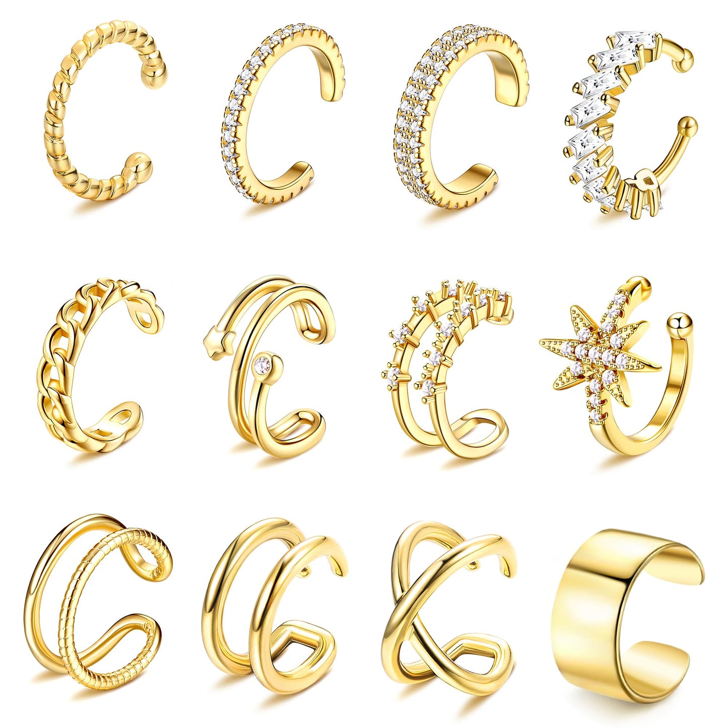 Dochais 9Pcs 14K Gold Plated Ear Cuff Earrings - Non Pierced Clips, Cartilage, Fake Cuffs (12pcs-Gold)