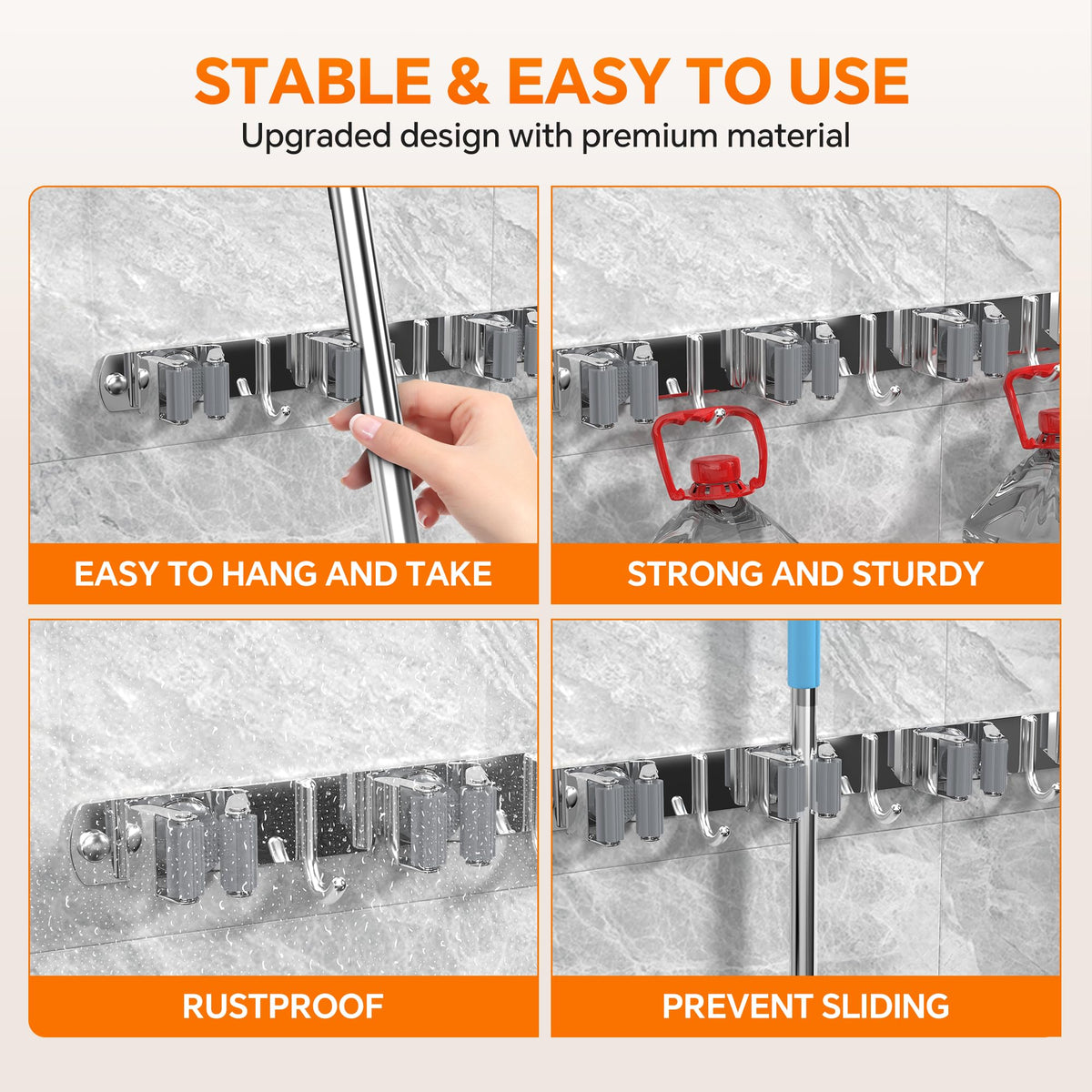 5 Grippers Broom Holder Wall Mount with 4 Hooks Stainless Steel