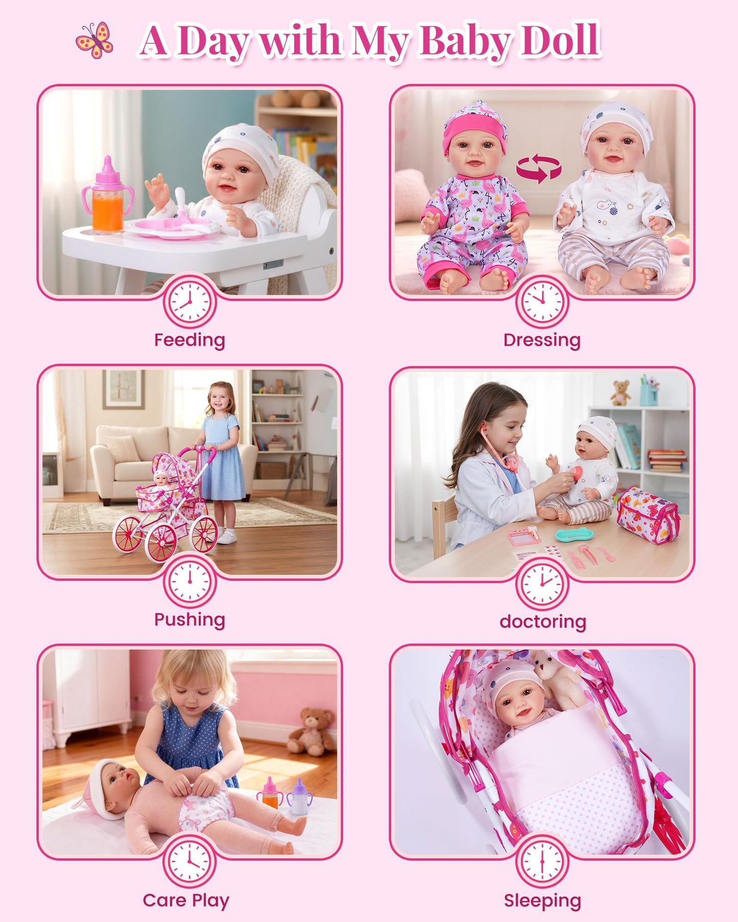 JIZHI Baby Doll Stroller with 12 Inch Dolls, 27-Piece Doll Stroller Set with Baby Doll Accessories for Pretend Play, Feeding & Bedding Playset Gift for Kids 3+
