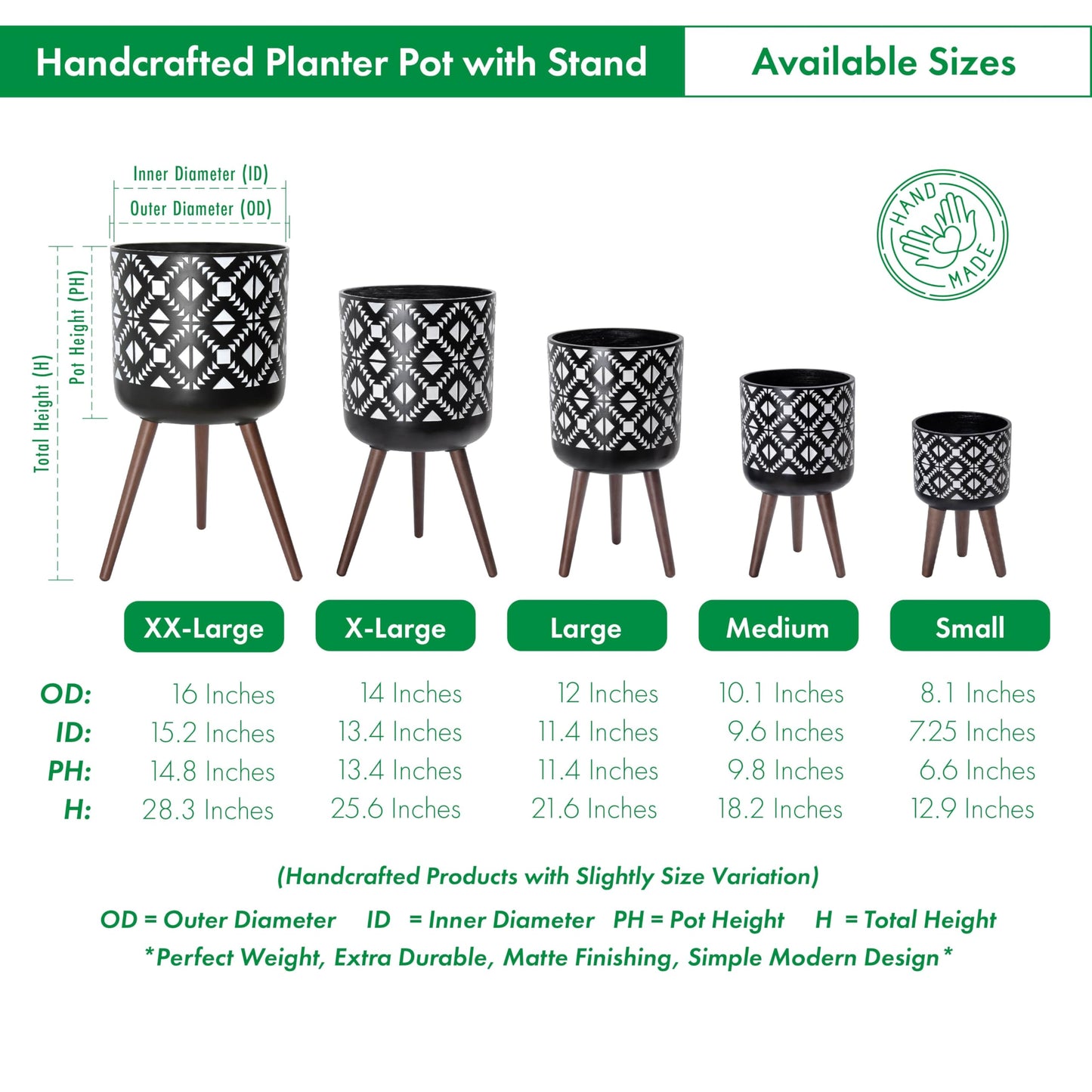 D'vine Dev 14 Inch Planter Pot with Stand, Mid-Century Tall Plant Pot with Legs for Indoor Plants, White/Black, 88-G-D-4