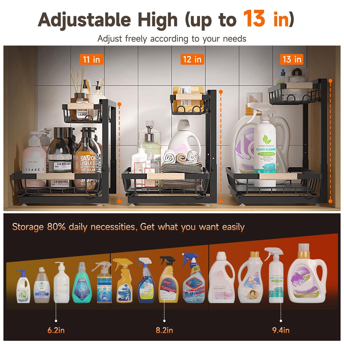 Sevenblue 2 Packs Under Sink Organizer, Height Adjustable 2 Tier Under Kitchen Sink Organizer, Multi-Purpose Storage Shelf for Kitchen Bathroom Cabinet (Black, Large)