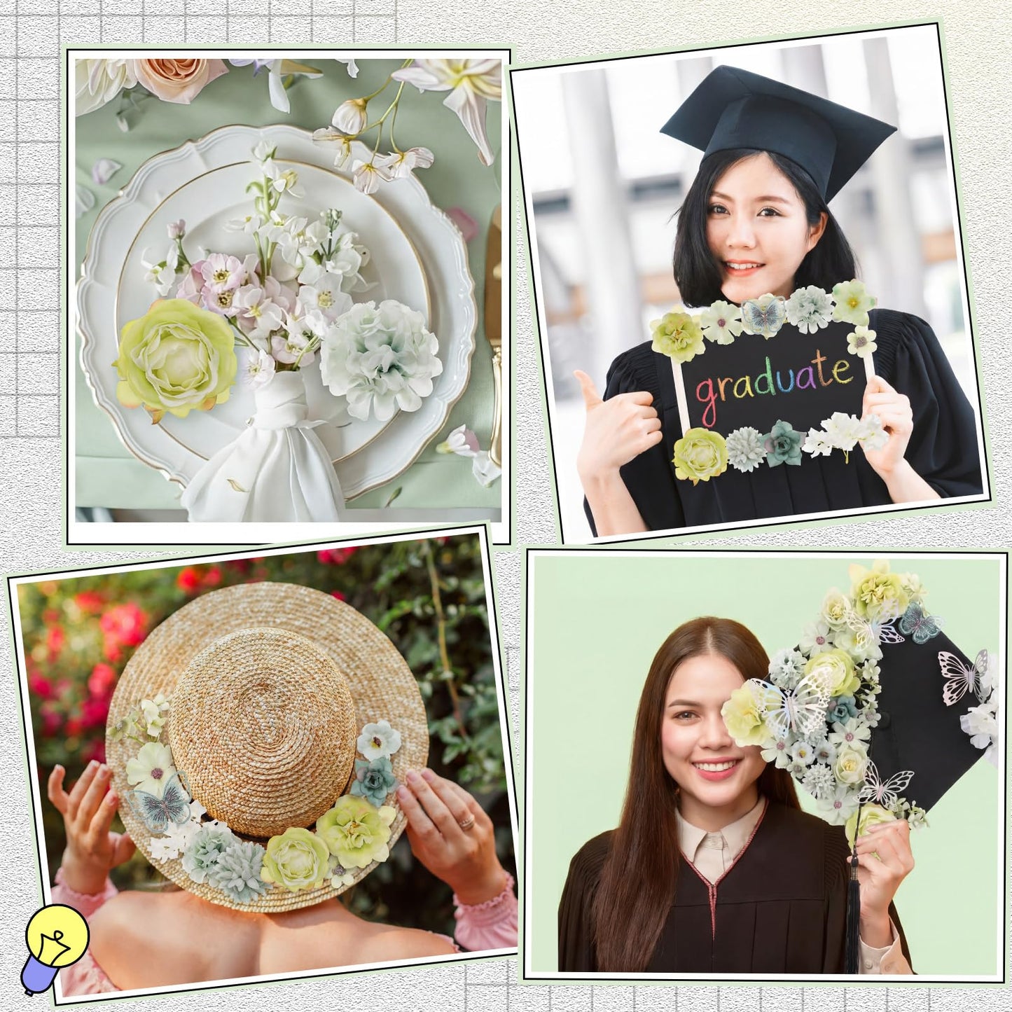 Wavwavw 36 Pcs DIY Graduation Cap Decorations Accessory Kit Include Faux Flower Heads and 3D Glitter Butterfly for Graduation Cap Decoration Home Decor Cake Wreath Craft Decor(Light Green)