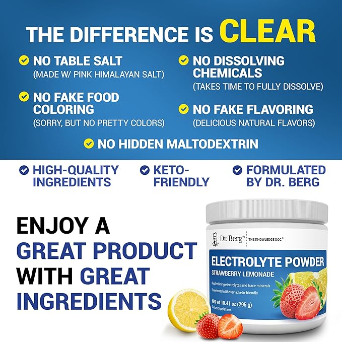 Dr. Berg Zero Sugar Hydration Keto Electrolyte Powder - Enhanced w/ 1000 mg of Potassium & Real Pink Himalayan Salt (NOT Table Salt) - Strawberry & Lemonade Hydration Drink Supplement - 50 Servings