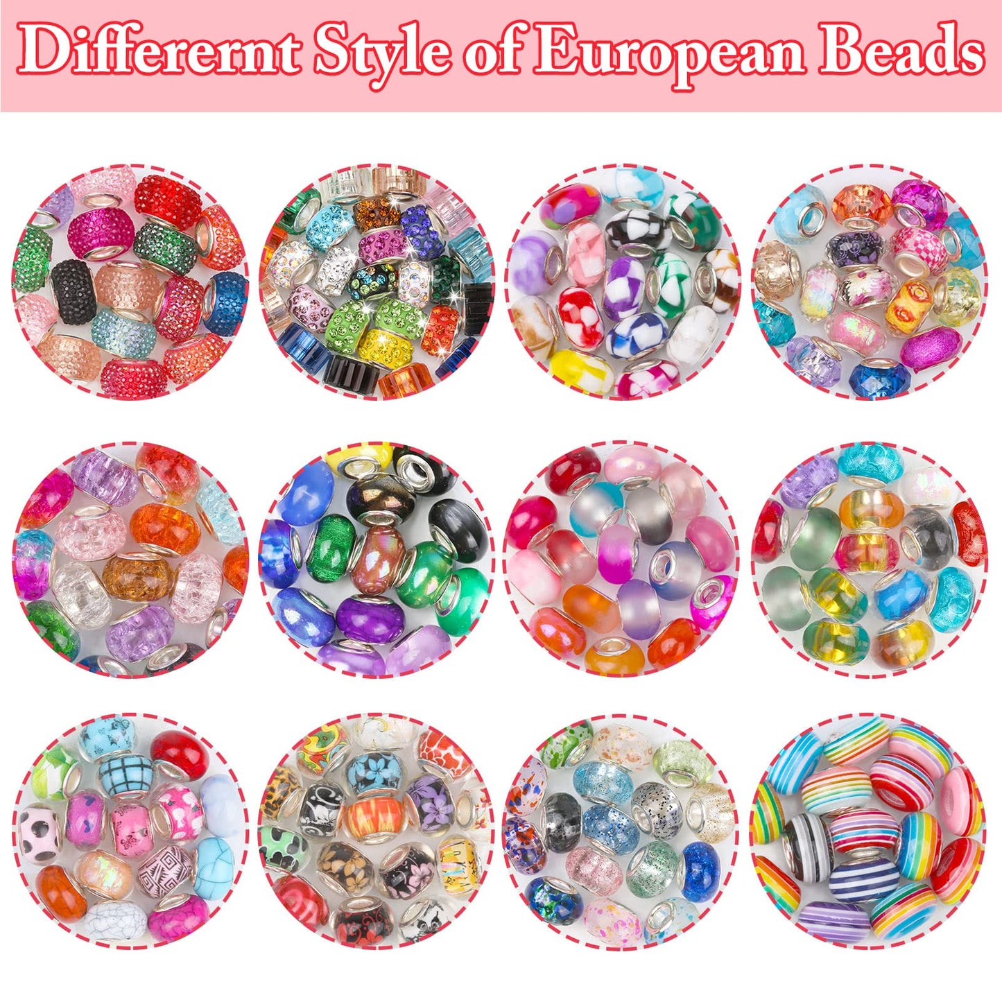 Cludoo Large Hole Glass Beads for Jewelry Making, 224PCS European Beads Bulk Mixed Color Spacer Bead with Rhinestones Lampwork Beads for DIY Craft Charms Bracelet Necklace Earring Making