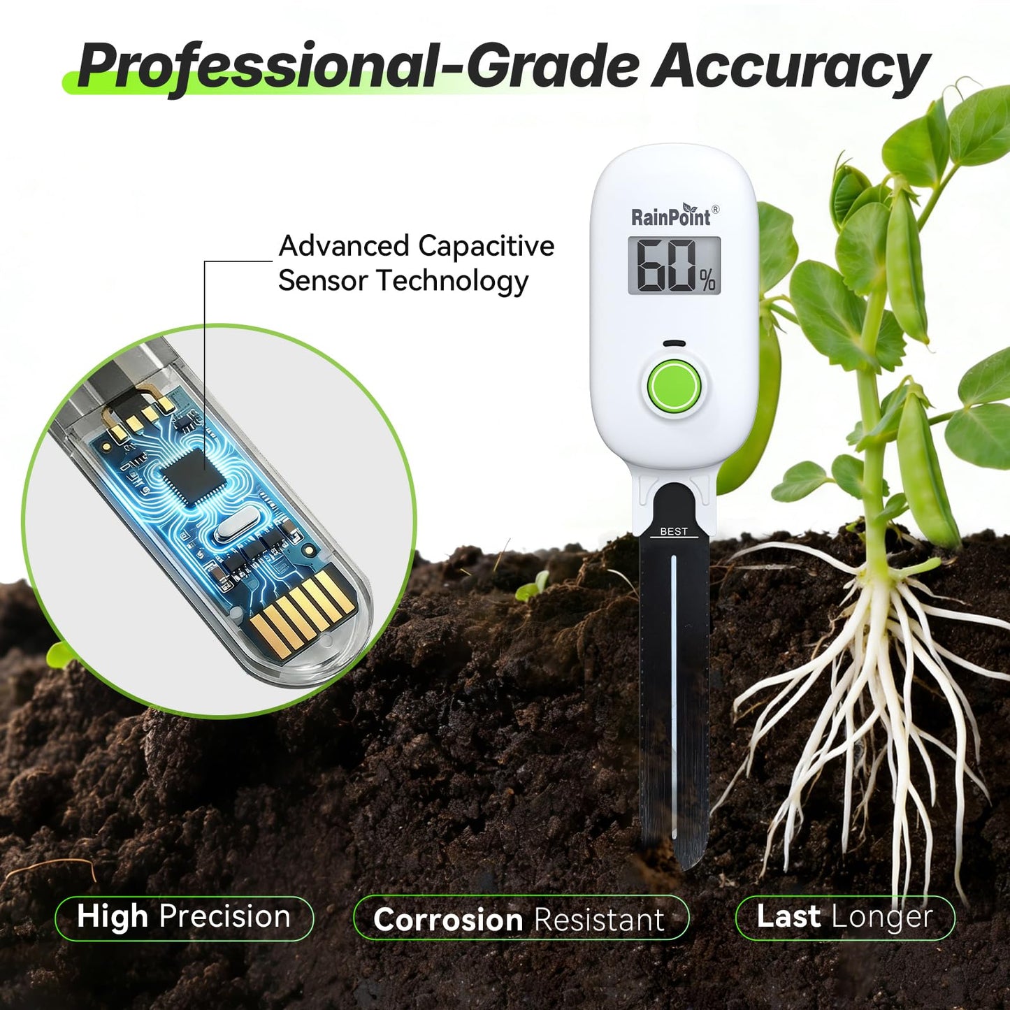 RAINPOINT Smart Digital Wireless Plant Moisture Meter Houseplant Indoor,WiFi Hub Needed,Capacitive Probe,Leave-in Soil Hygrometer Sensor,Real-time Monitor Humidity Tester Outdoor Gardening