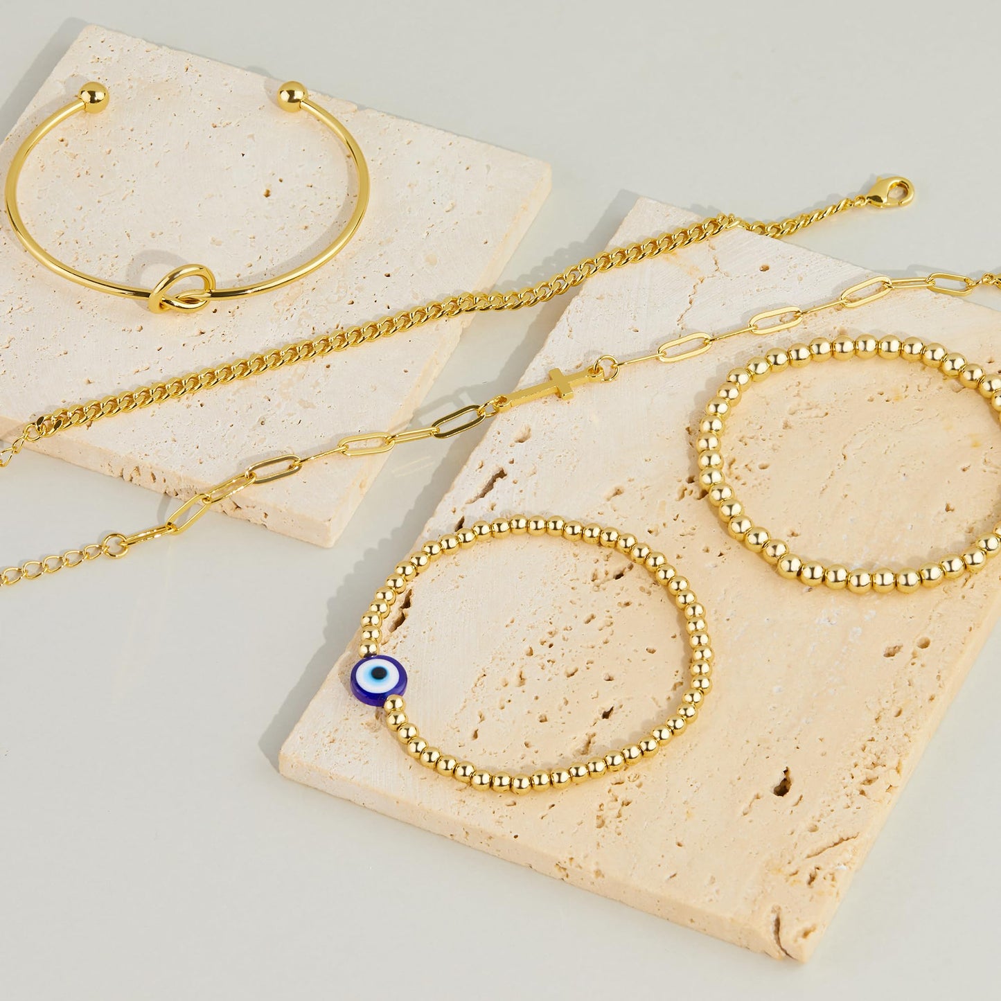 Poxtex Gold Plated Bracelets for Women, Dainty Bracelets for Women Trendy Stack With Heart, Beaded, Cuban, Paperclip, Cross, CZ Chain, Evil Eye Chain