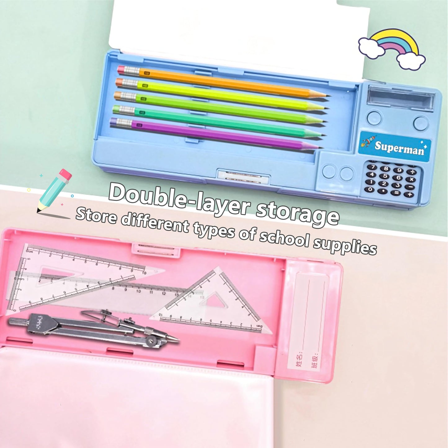 Ristpal Pop Up Multifunction Pencil Case for Boys and Girls with Calculator, Sharpener, Cute School Supplies Pencil Box, Stationery Organizer, Best Gift Birthday Present for Kids(Blue)