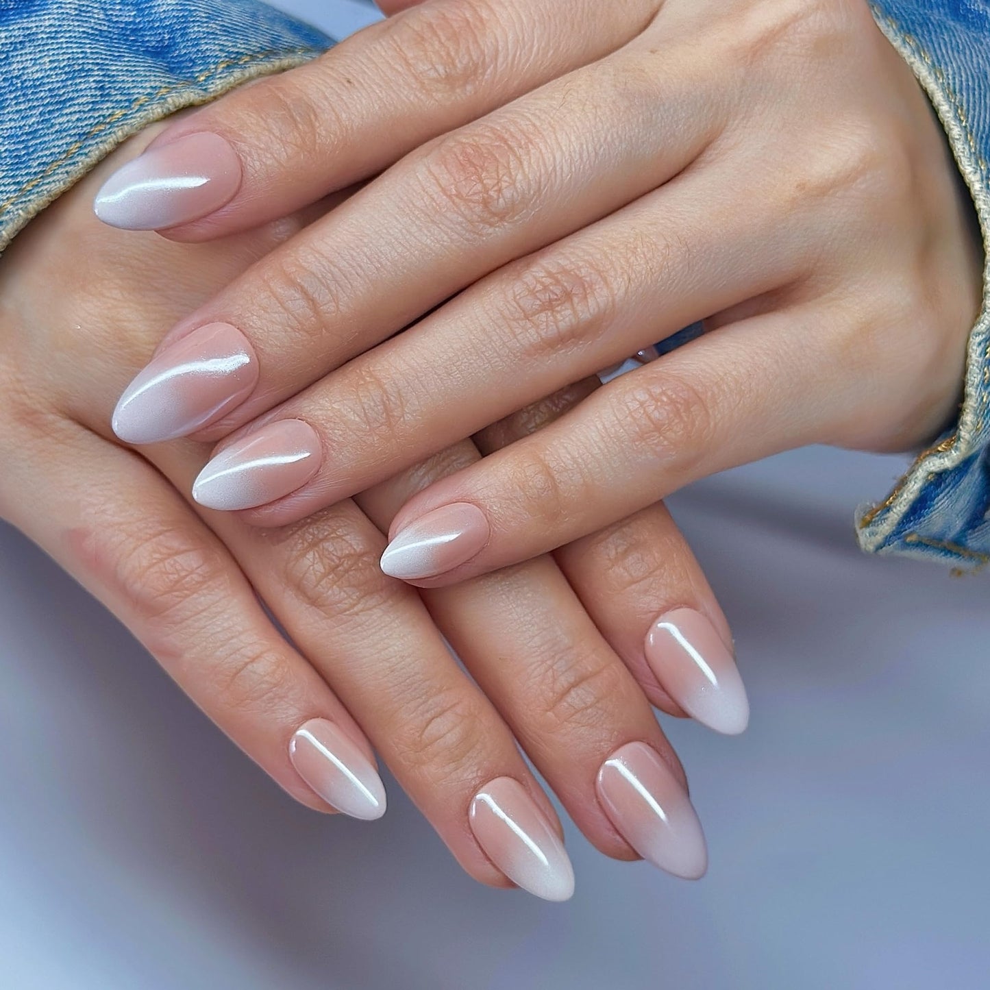 Sunruby Hand Painted Handmade Press On Nails Short Almond Ombre Pink White with an Ultra-Glossy Mirror Finish.Reusable Soft Gel Nails in 15 Sizes -30 Nail Kit with Glue | Designed in LA|Vanilla Cream
