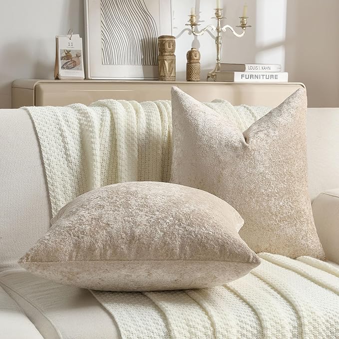 FUTEI Beige Flannel Throw Pillow Covers 18x18 Inch Set of 2,Soft Dimensional Textured Cushion Cases,Modern Home Decor for Couch Living Room
