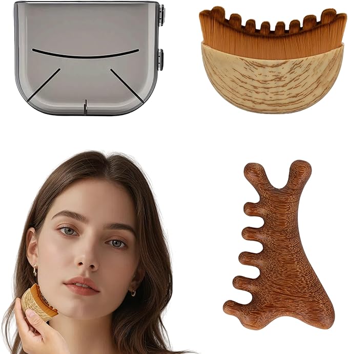 Lymphatic Contour Face Brush, Soft Dry Lymphatic Drainage Massager with Wooden Facial Massage Tool for Chin & Jawline Sculpting, Ergonomically Designed to Fit The Skin Precisely (2 PCS)