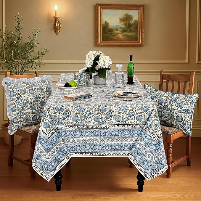 Ridhi Hand Block Print Asparagus Green Rectangle Cotton Tablecloth 90" x 60" Reusable Table Cover Decorative Everyday Use for Dining, Farmhouse, Home Gift for Spring, Easter, Valentine