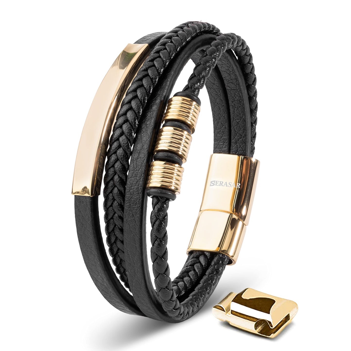 SERASAR Men Leather Bracelets 17cm Silver - Genuine Cowhide Braided Magnetic Clasp Jewelry Mard