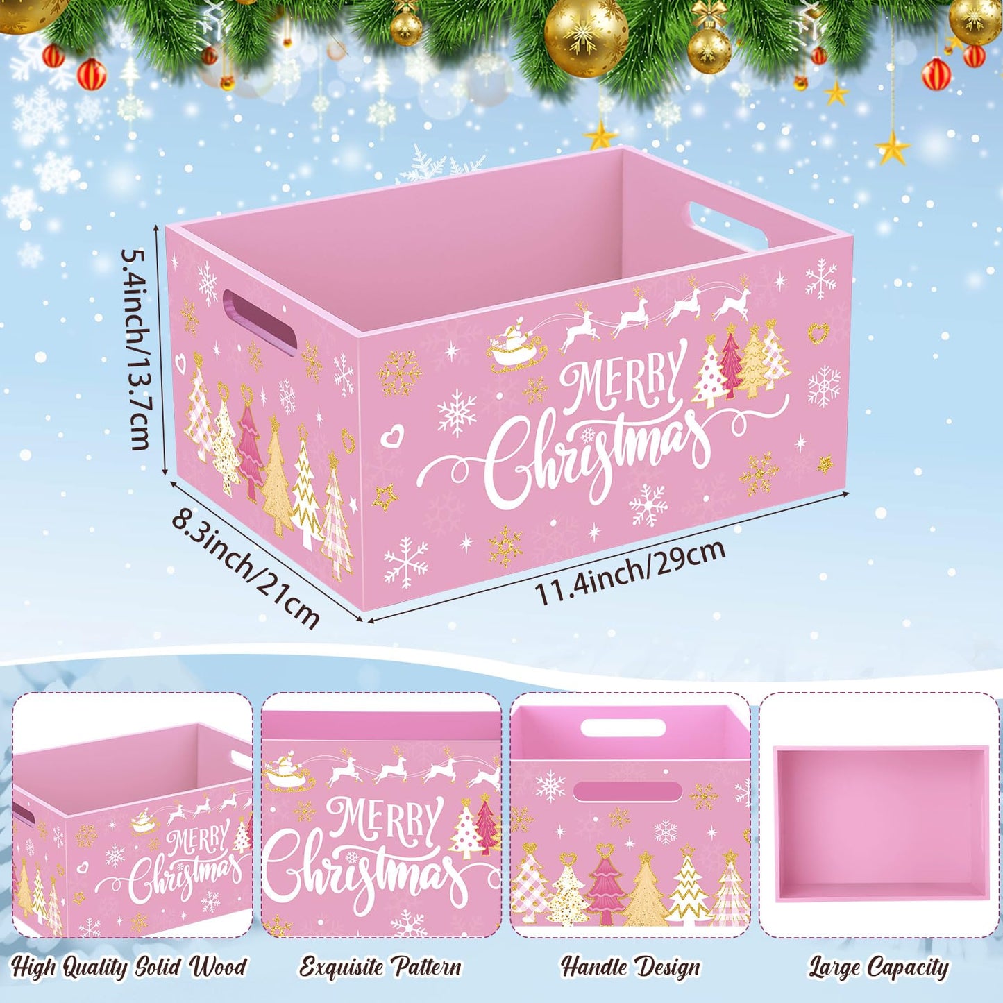 Soaoo Christmas Wooden Crate 11.4 x 8.3 x 5.4 Inch Merry Christmas Storage Box with Handles Decorative Rustic Farmhouse Wood Basket for Xmas Hot Cocoa Bar Candy Pet Table Decor(Pink)