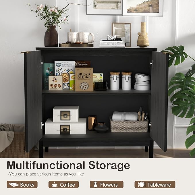 Fluted Cabinet with Storage, Buffet Cabinet Sideborad with Door, Kitchen Buffet Storage Accent Cabinets with Adjustable Shelves for Living Room, Entry, Hallway, Black