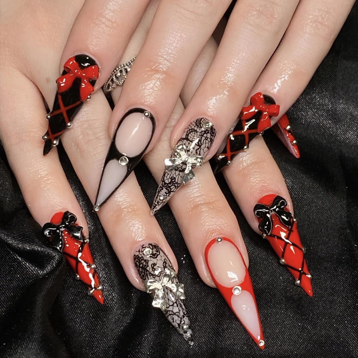 MISUD Press on Nails - Long Stiletto Glue on Nails with Goth Red Black, Acrylic Gothic Lace Charms Design 24 pcs