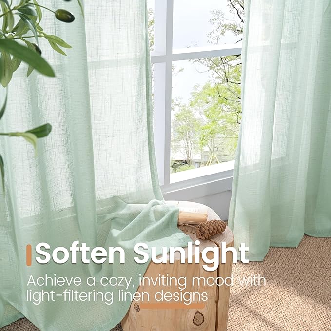 BGment Sage Green Linen Semi Sheer Curtains for Living Room 63 Inch Length - Light Filtering Drapes for Bedroom Dining Natural Rustic Spring Decorative Rod Pocket Lightweight, 2 Panels, 52 X 63 Inch