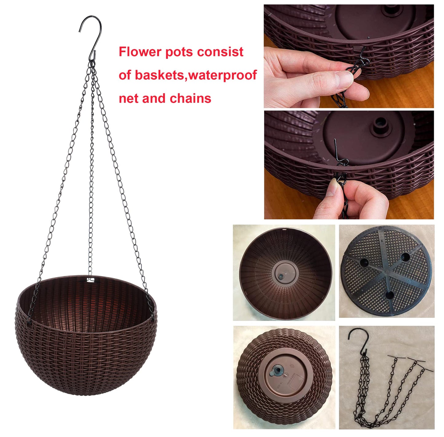 THUSIBER Hanging Basket Plastic Flower Pot Round Resin Garden Hanging Planter for Indoor Outdoor Plants 2 Pack Brown