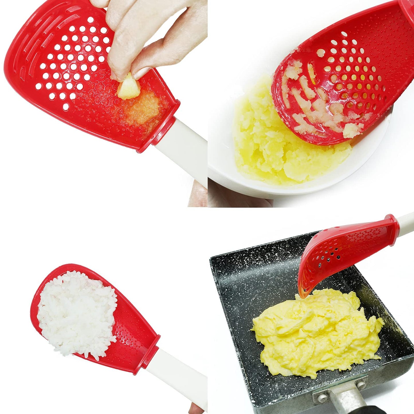 6 in 1 Multifunctional cooking gadgets, 356°F Heat Resistant kitchen gadgets, Egg Separator, Cooking, Draining, Mashing, Grating, Cooking spoon Red