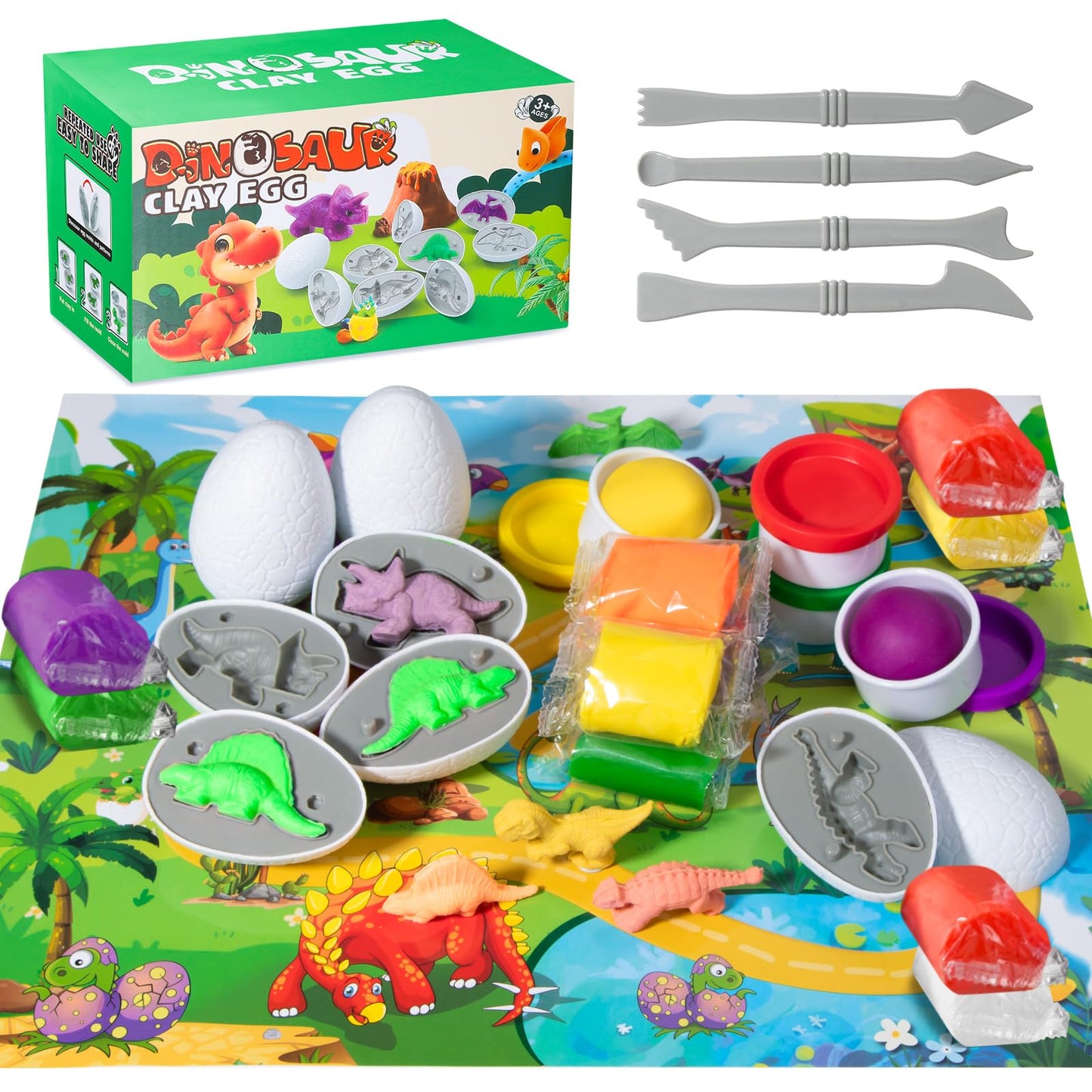DOLIVE Dinosaur Playdough Sets for Kids Ages 3-5, 5 Dino 3D Toys with Adventure Map, Toddler Easter Basket Stuffers, Easter Dino Play Dough Eggs Molds Toys Gifts
