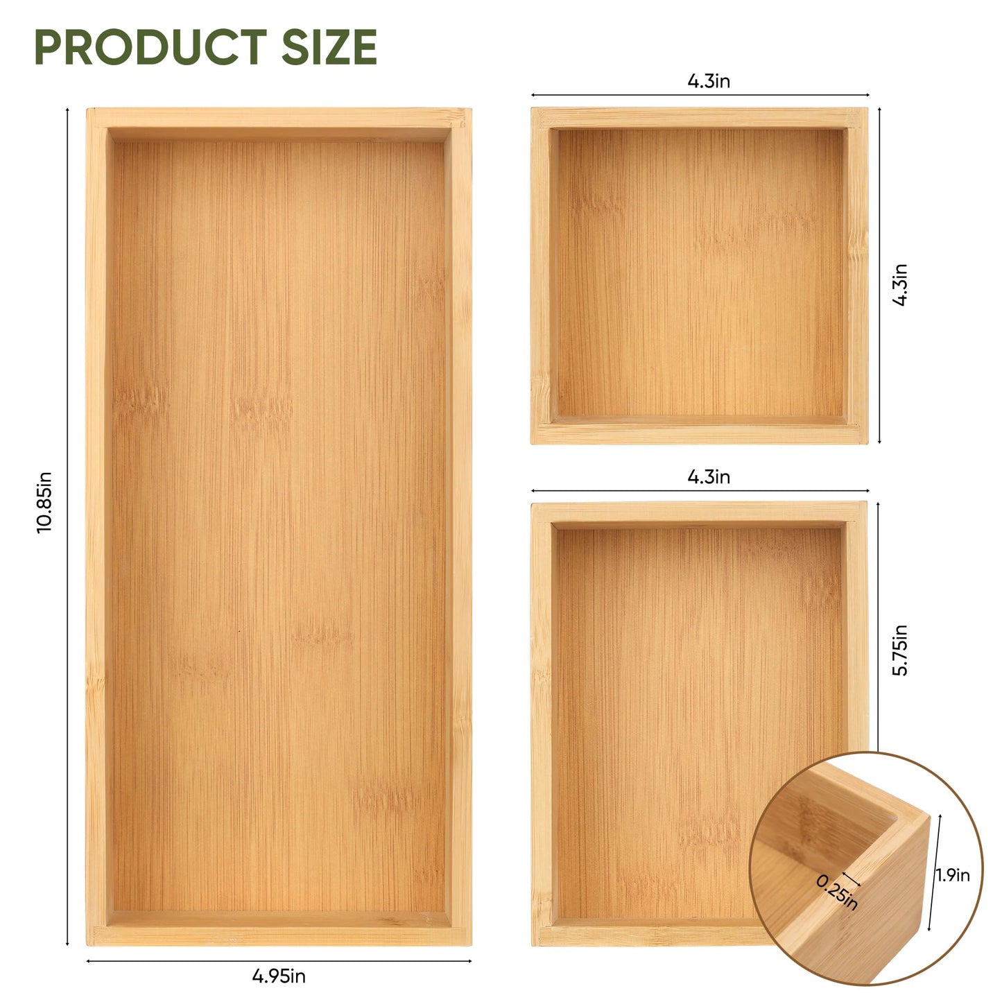 Vincona Bamboo Drawer Organizers Set, 3PCS Multi-Use Wood Storage Organizers, Desk Drawer Tray for Kitchen, Bathroom, Office, Dresser, Bamboo Box Bin for Jewelry, Makeup, Junk, Gadgets