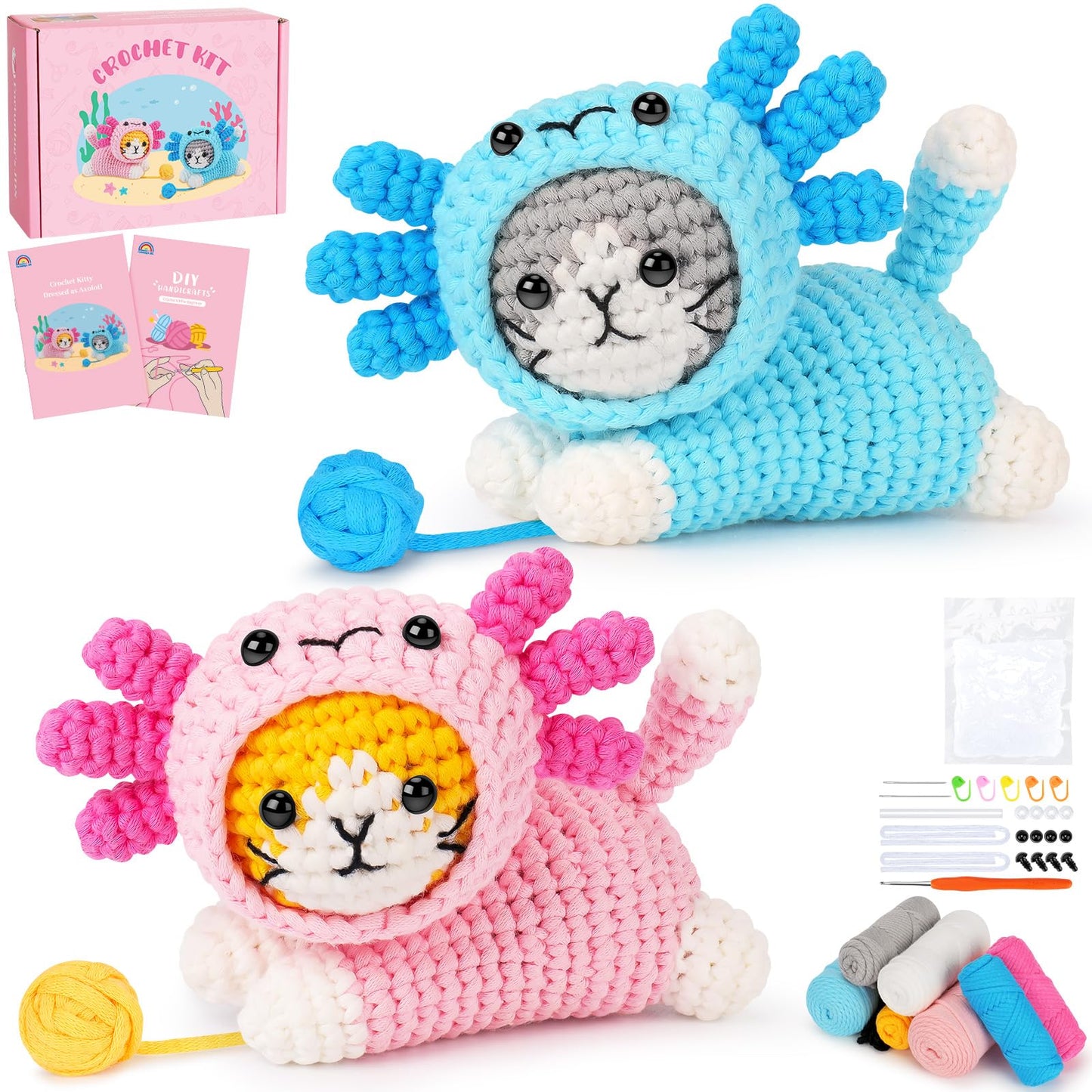 Crochet Kit for Beginners, Crochet Starter Kits for Adults Kids, Cat Dress in Axolotl Crochet Kit, Complete Crochet Animal Kit with Step-by-Step Video Tutorials, Gifts for Crocheting Lovers