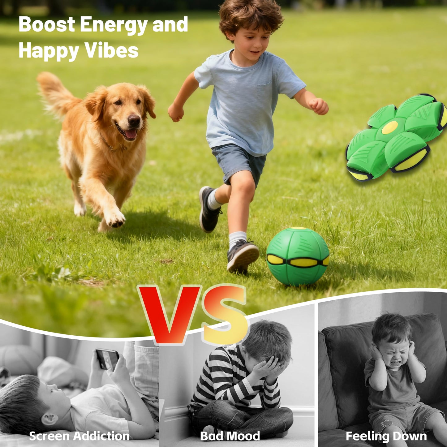 Magic Metaball, Children's Bouncing Ball, Magic Flying Saucer Interactive Pop-Up Transform Toy, Parent-Child Interaction Green Bouncy Ball, Collapsible Time Delay Frisbee Flying Disc Toy with 6 Light