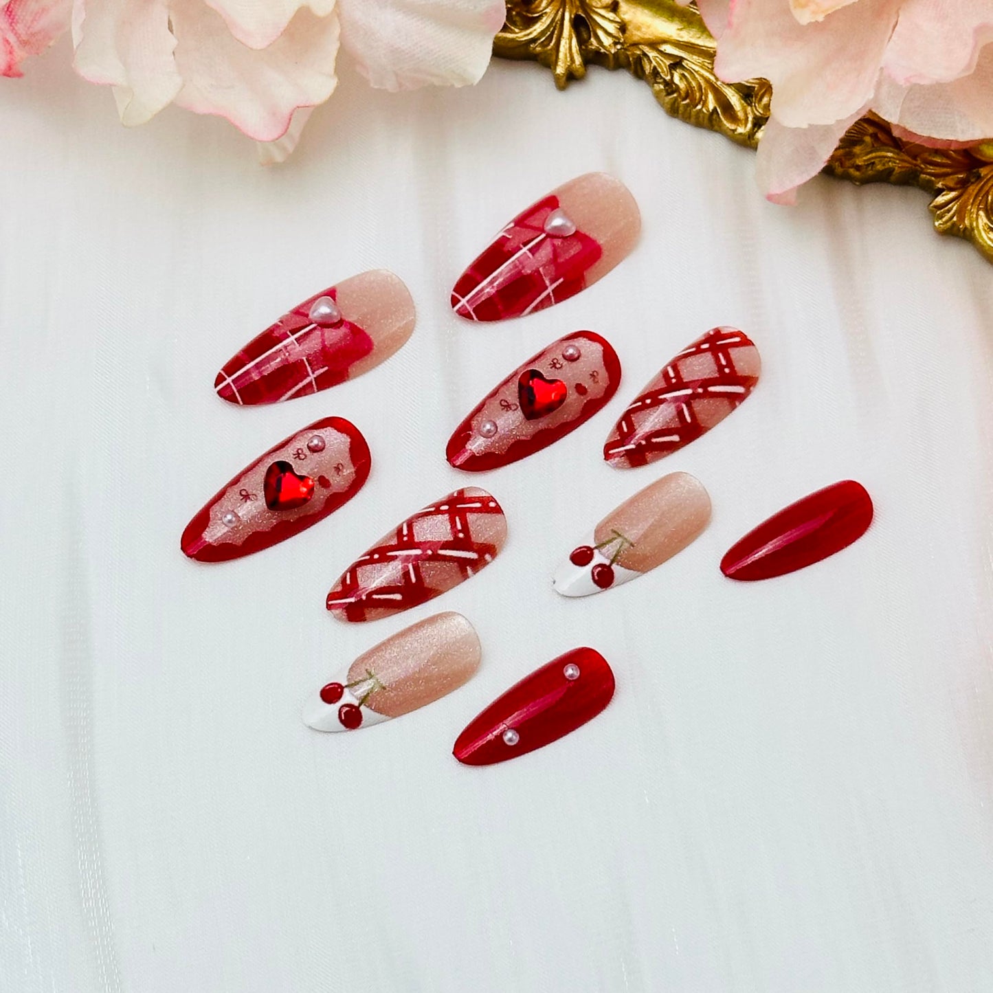 30pcs Valentines Press on Nails Medium Almond French Tip Fake Nails Red Stripe Full Cover False Nails with 3d Heart Rhinestones Designs Glue on Nails Pink Bow Artificial Stick on Nail Supply for Women