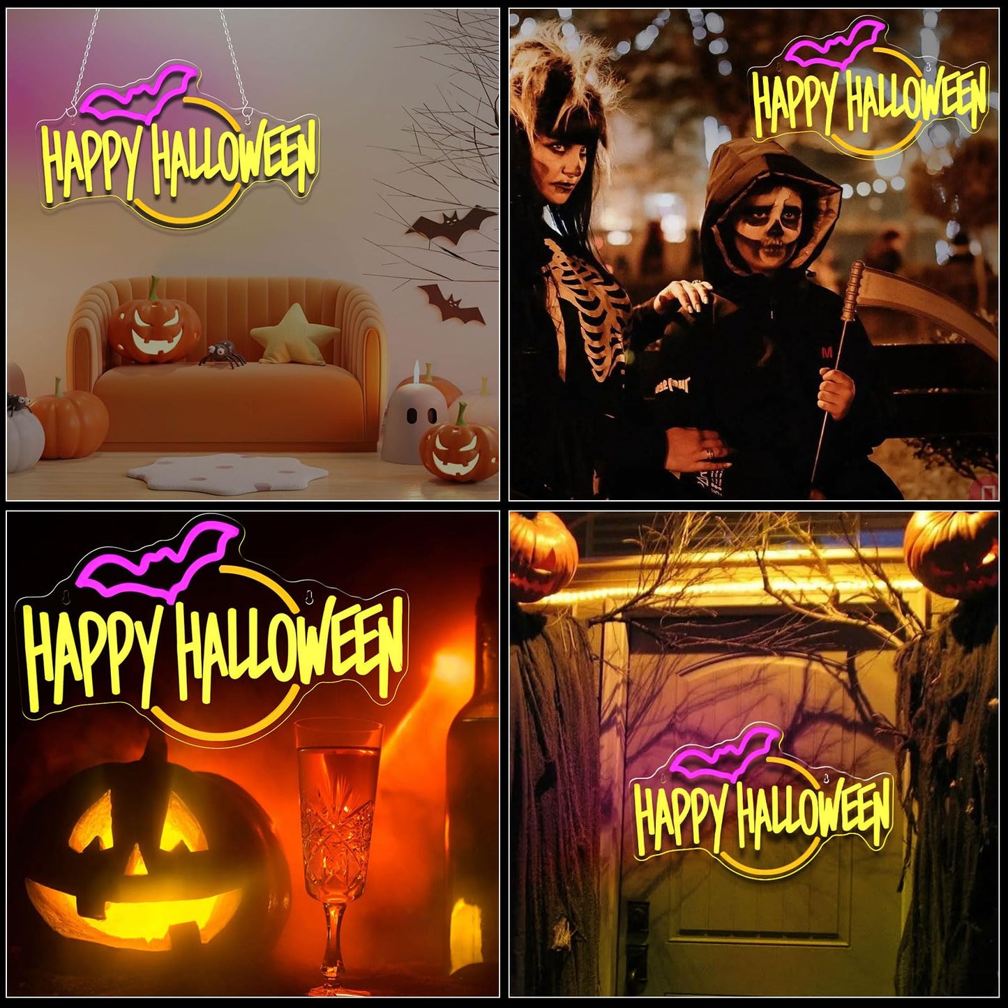 Gevbay Happy Halloween Neon Sign Bat LED Light Up for Bedroom Home Bar Halloween Decor Trick or Treat Party Backdrop USB Powered
