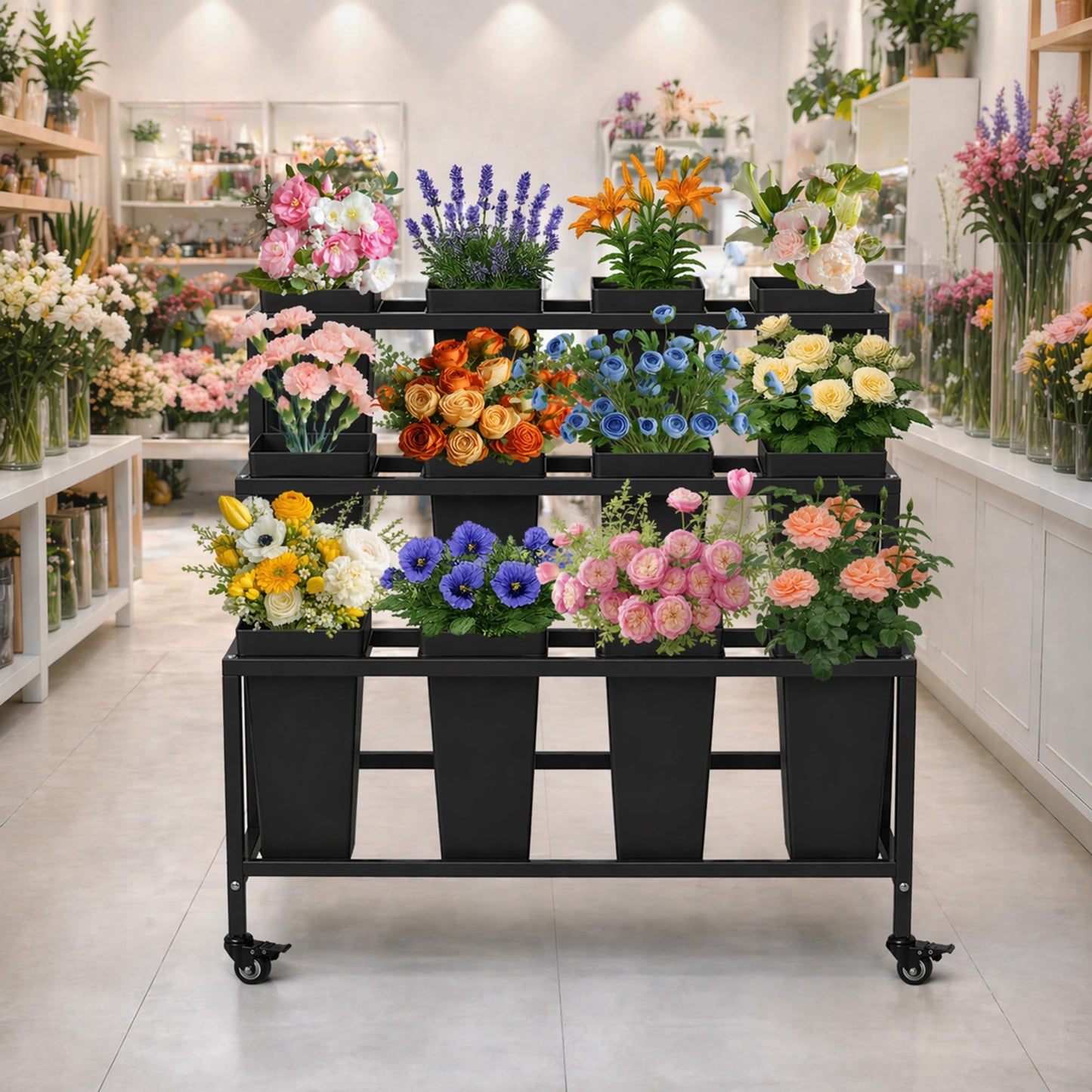 PROLEE Flower Display Stand with 12 Buckets, Flower Stand Metal with Wheels, Flower Cart 3 Layers, Flower Stand Metal with Wheels, Moving Florist Bouquet Shelf, Rectangular Rack (Black)
