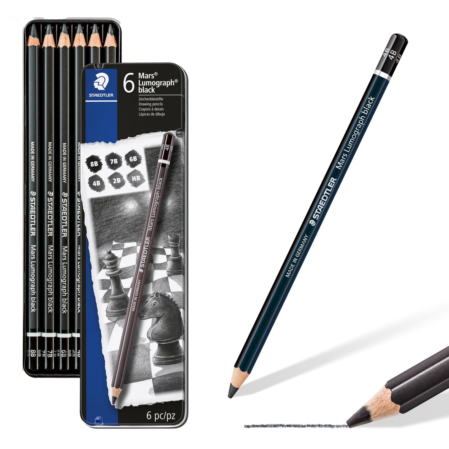 STAEDTLER Mars Lumograph Black Drawing Pencils Set: 6 Pack – Carbon Blend for Deep Black Tones, Professional Artists Pencils, 8B–HB Grades, Storage Tin, For Sketching, Shading & Fine Art Drawing