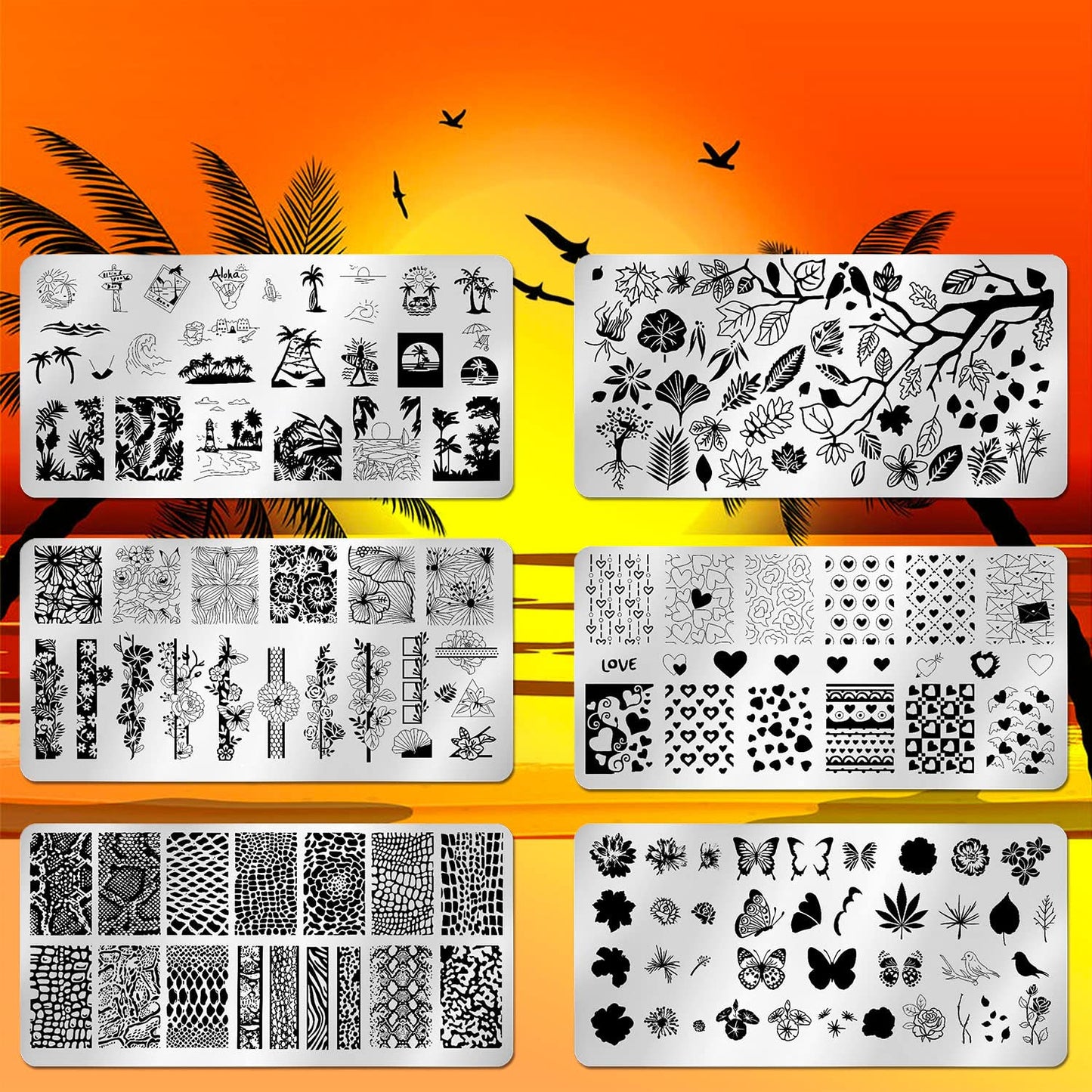 JERCLITY 6pcs Nail Art Stamping Kit Nature Nail Stamping Plates for Nails Butterfly Love Heart Beach Flower Snake Image Plates for Holiday