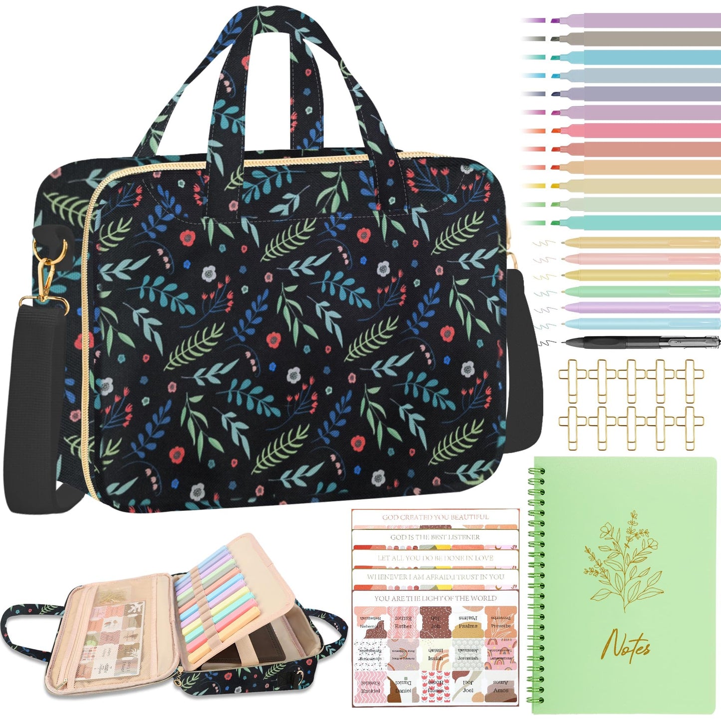 PUGPIU Bible Cover Case for Women, Large Quilted Bible Bag with Shoulder Strap and Handle, Bible Study Supplies Journaling Kit with Highlighters Pens No Bleed Tabs Notebook Cross Clips (Leaf)