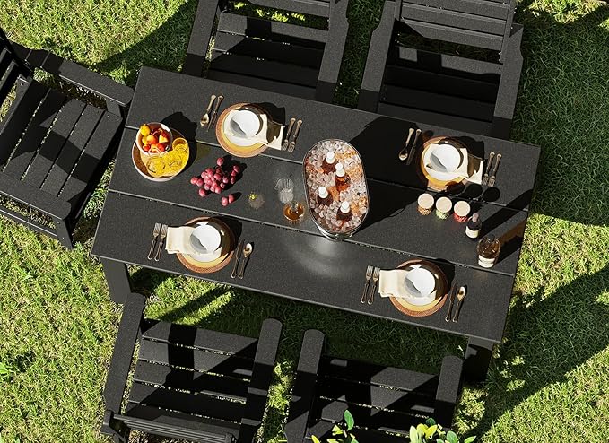 GREENVINES Outdoor Dining Table | 67’’ | HDPE | Rectangle Tables for 6 | All-Weather | Umbrella Hole | Patio Furniture | for Poolside Backyard Garden | Black