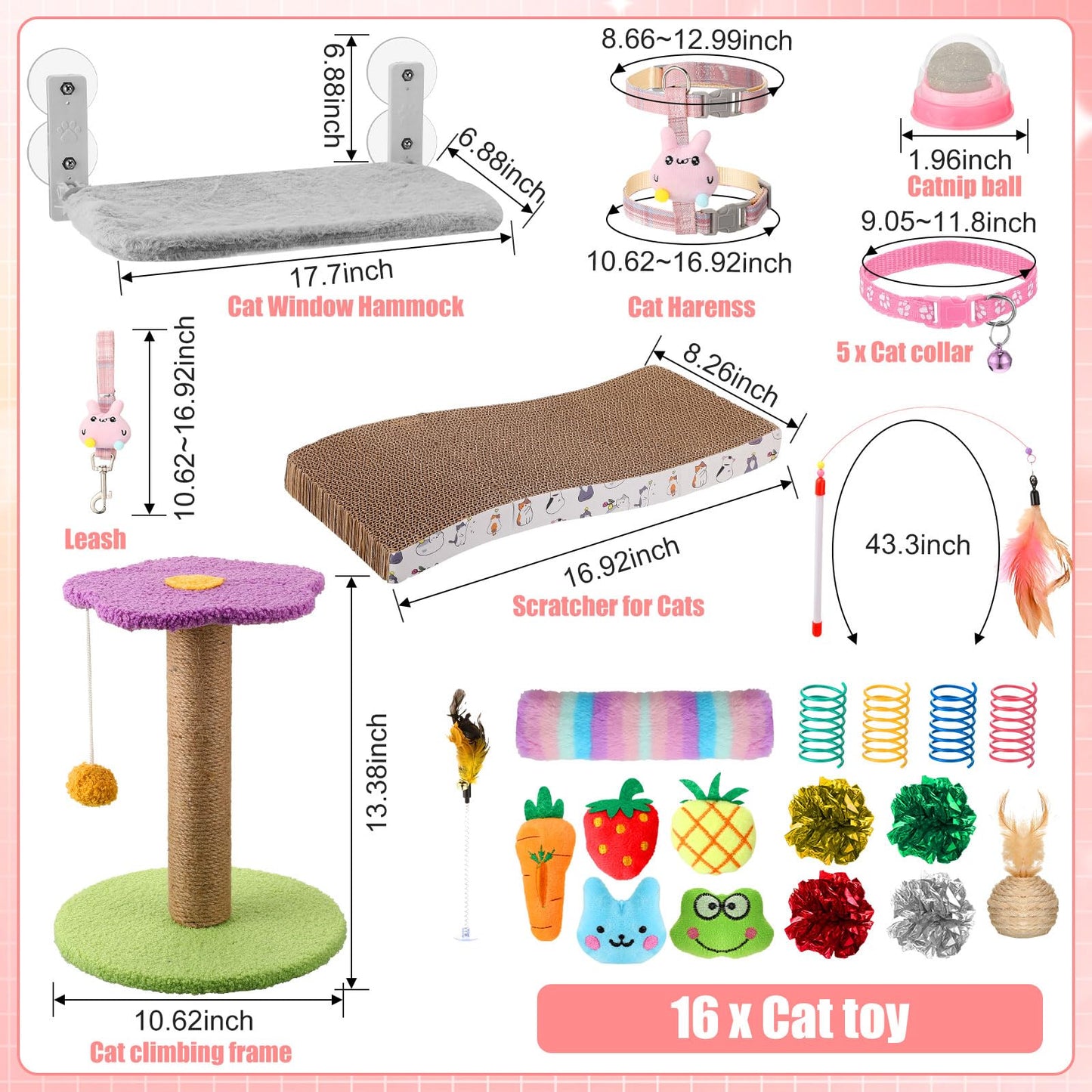 40 Pcs Kitten Starter Kit for Indoor Cats Include Litter Box, Carrier, Cat Bed, Climbing Post, Scratch Pad, Hammock, Feed Bowls, Mat, Collars, Nail File and More for Kitten Supplies Welcome Gift(Pink)