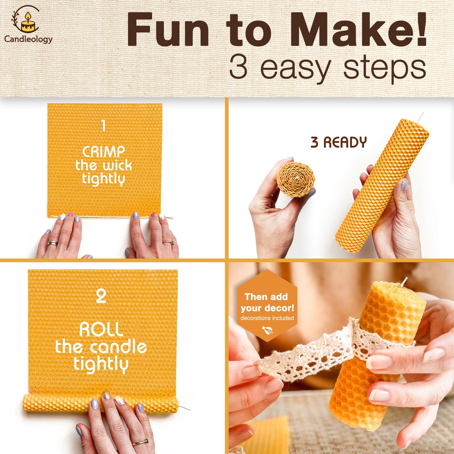 Beeswax DIY Candle Making Kit - Natural Candle Rolling Kit for Beginners with 7 Beeswax Sheets & Multiple Decorations to Make Candles