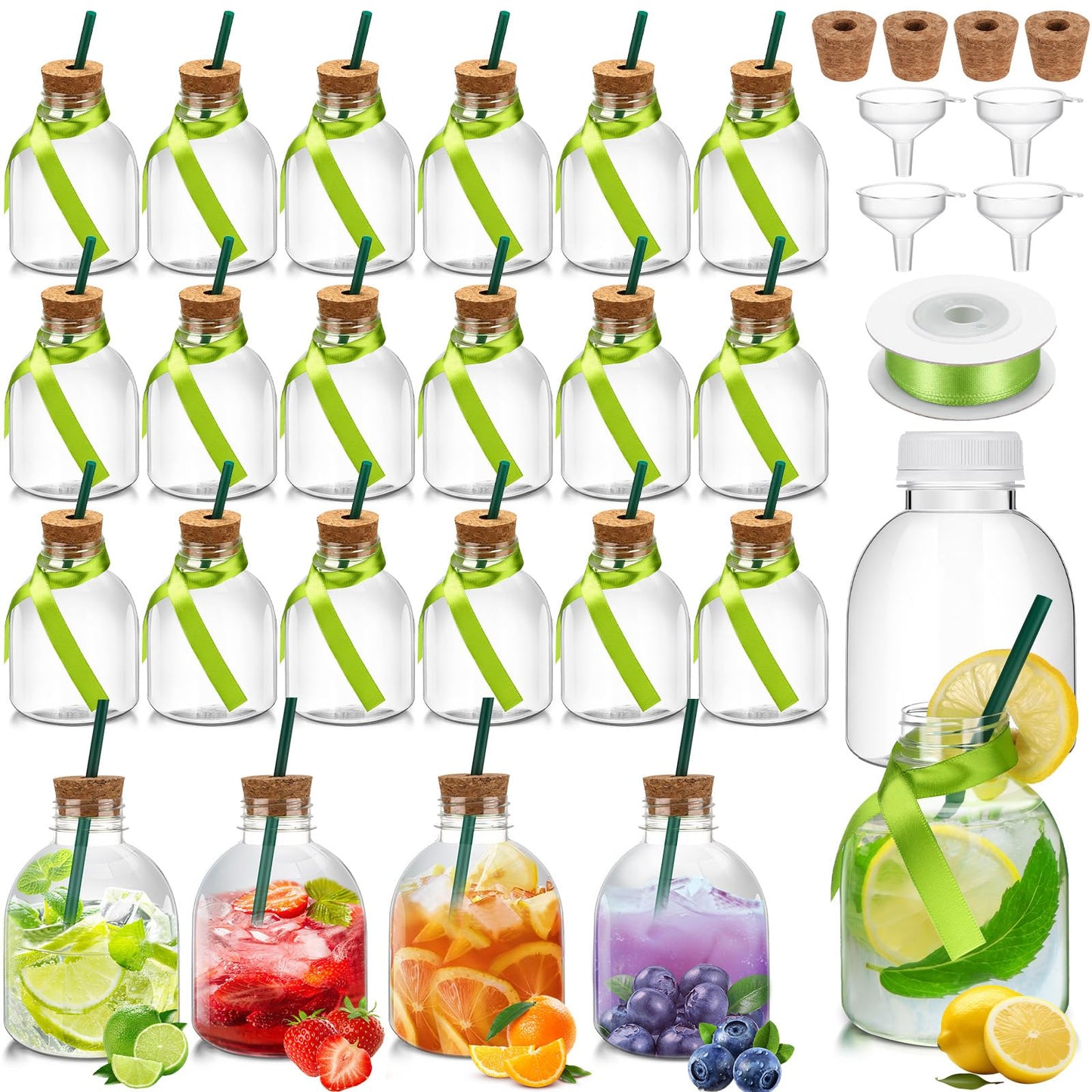 Vesici 24 Pcs Plastic Liquor Bottles with Cork and Straw Empty Juice Bottles for Drinks Reusable Mini Liquor Jar with Green Silk Ribbon for Wedding Party Personalized Decoration(10 oz)