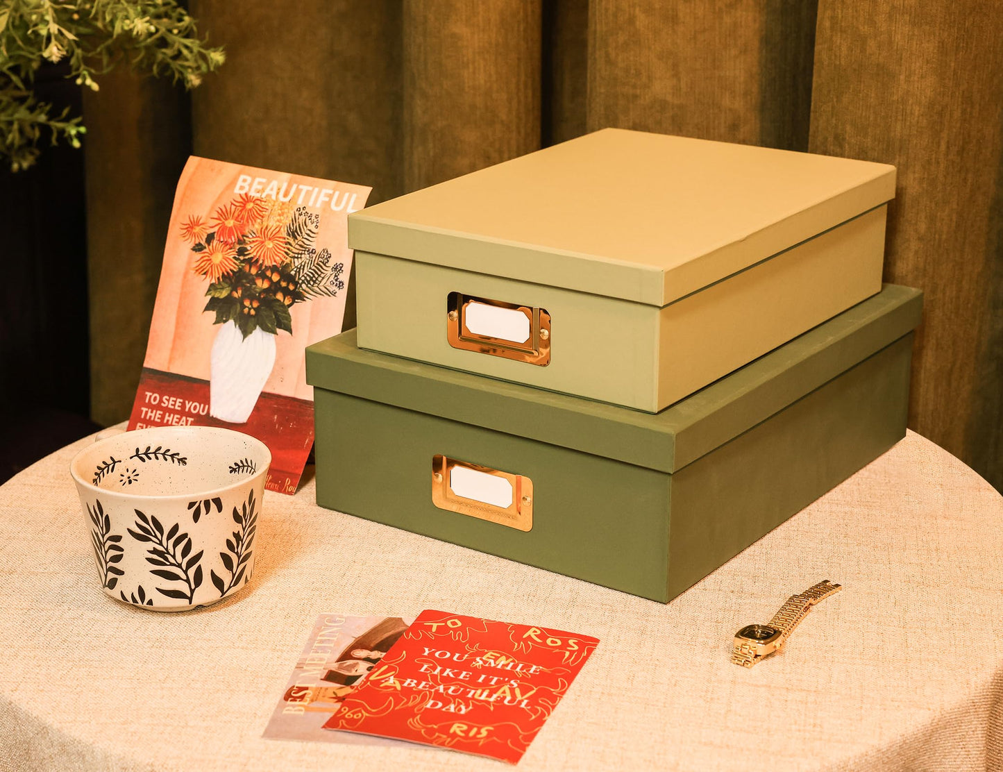 MIZFRUZZY 2-Piece Decorative Storage Boxes, Sophisticated Dual-green Palette, Paperboard Stackable with Gold Label Holders for Home Office Organization, Home Decor, Photos, Files and Keepsake Box