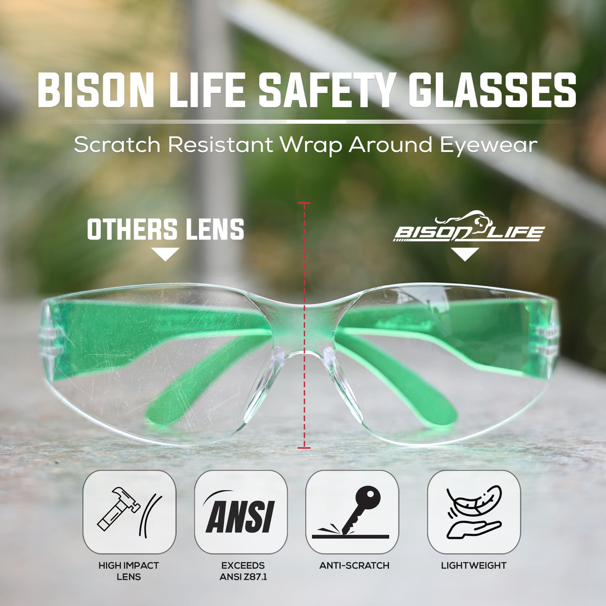 Clear Lens Green Temple Safety Glasses Bulk 6 Pack (6 Count)