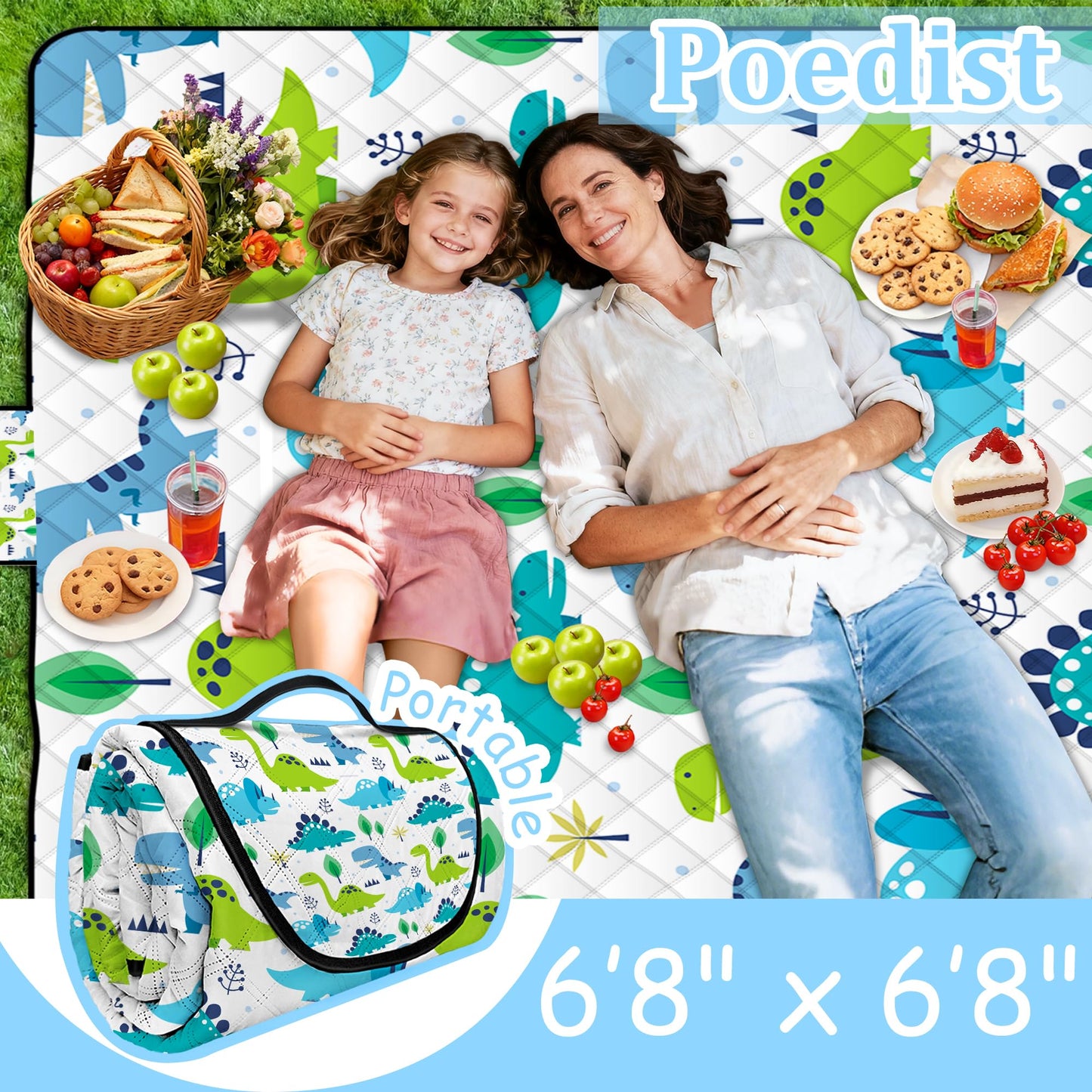 Extra Large Picnic Blanket Waterproof,80"x 80"Foldable Machine Washable Beach Blanket,Outdoor Blanket for 6-8 Adults,Picnic Mat Suitable for Indoor Crawling,Park Beach,Camping,Hiking,Travel(Dinosaur)