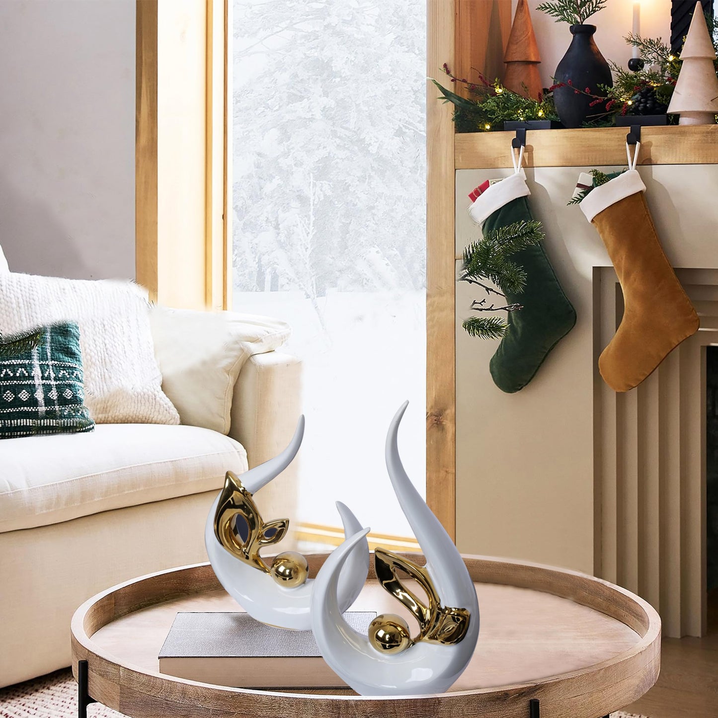 2 PCS White Gold Home Decor Accent Ceramic Statue Abstract Sculptures Centerpieces Mid Century Modern Decor for Tables Coffee Table top Decorations for Living Room Desktop Shelf Dining Room Kitchen