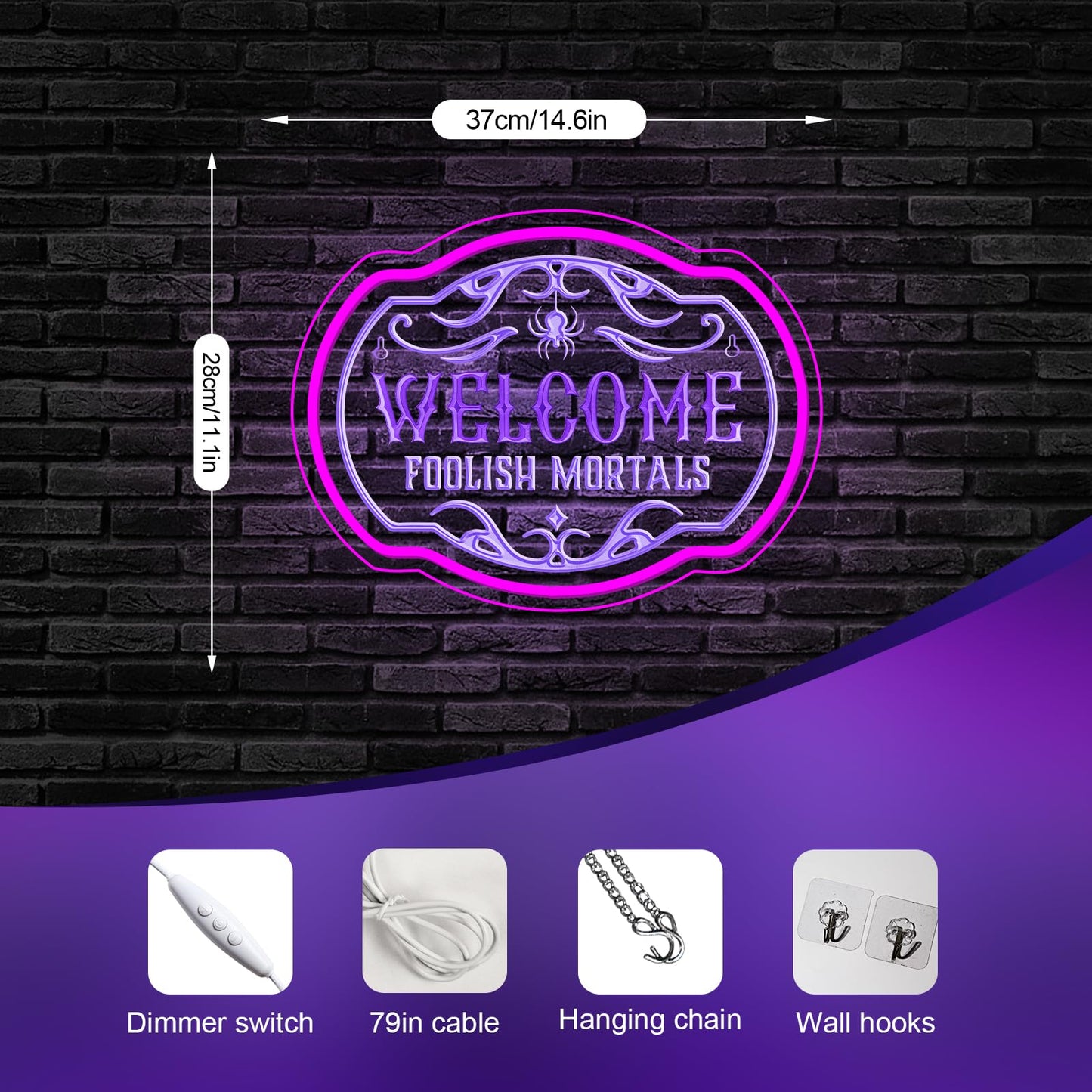 DREAMFORT Welcome Foolish Mortals Neon Sign - Haunted Mansion LED Wall Decor for Christmas, Horror Parties & Themed Bars, USB-Powered with Adjustable Brightness, Spooky Flicker Effect