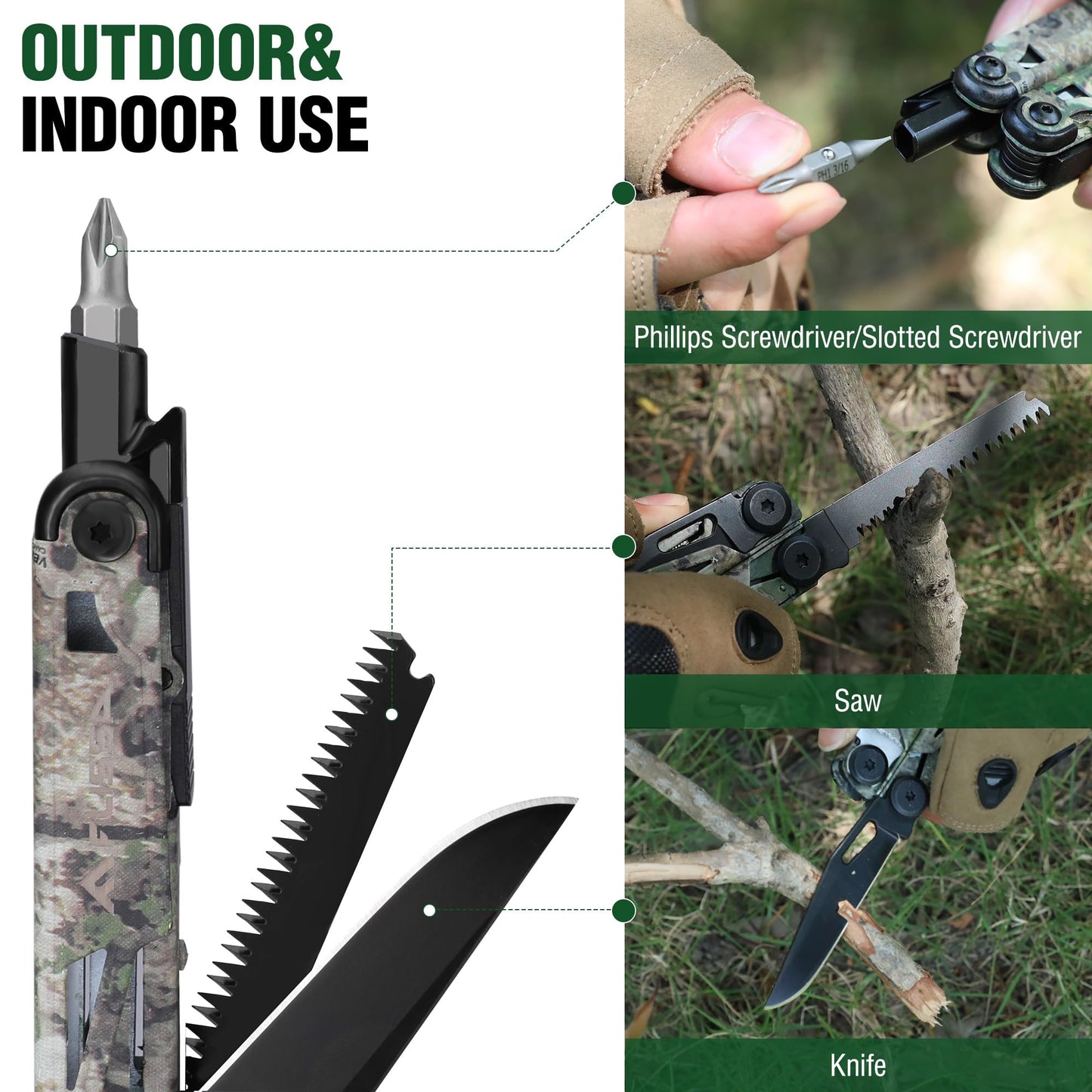 FLISSA Multitool, 15-in-1 Multi Tool Pocket Knife with Sheath, Stainless Steel EDC Multitool Pliers for Men, Camo All-in-One Tools for Camping, Fishing, Survival