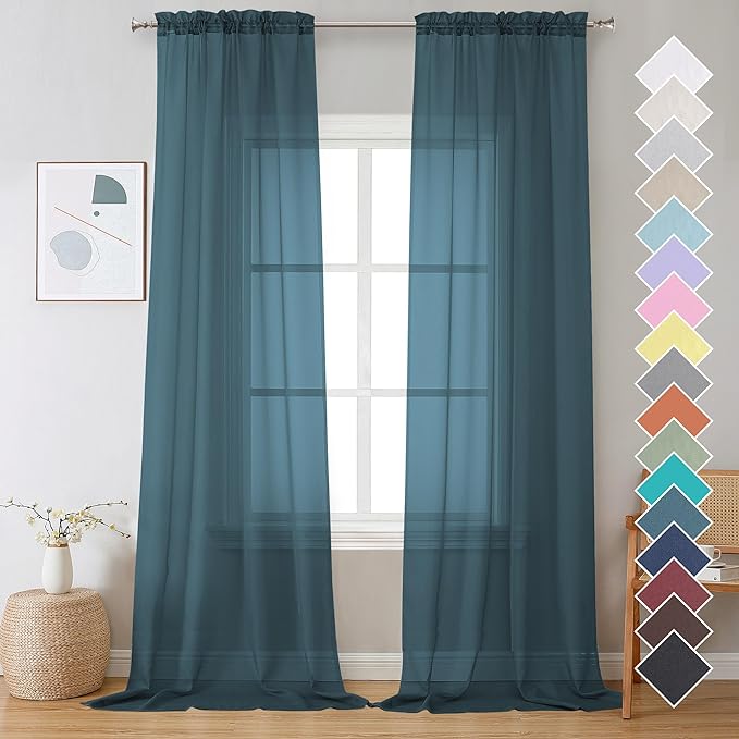 OVZME 2 Panels Sheer Dusty Blue Window Curtain 96" Length for Bedroom, Top Rod Pocket Design Light Filtering Panles for Living Room, 42W x 96L