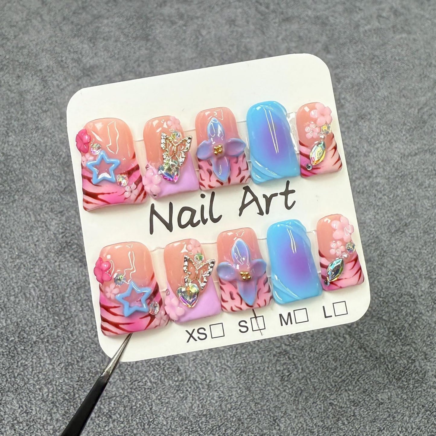 Handmade Press on Nails Leopard Print 3D Luxury Flower & Butterfly Fake Nail Designs Gradient Stick on Nails Full Cover Flower Press on Nails Short Duck Muti-Layer Gel Thick Acrylic Nail for Women（M)