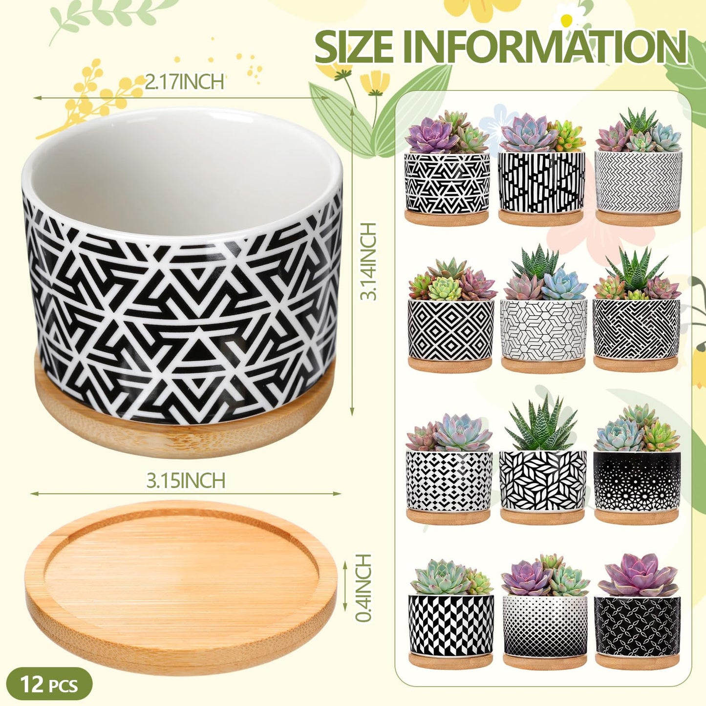 Threehoney 12 Pack 3.14 Inch Ceramic Succulent Pots Geometric Pattern Small Succulent Plant Pots with Drainage Hole and Bamboo Trays Mini Flower Cylinder Pot for Small Plant Cactus Home Office Decor