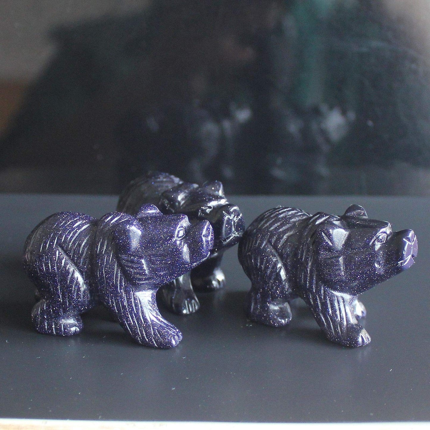 2'' Hand Carved Mixed Gemstone Crystal Bear Figurine Animal Carving (Blue Goldstone)