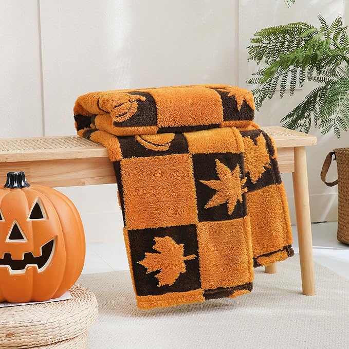 SOCHOW Fall Decor Jacquard Throw Blanket, Fuzzy Soft Warm Pumpkin Maple Leaves Plaid Autumn Checkered Blanket for Couch, Sofa and Bed, 50 x 60 Inches, Orange/Black