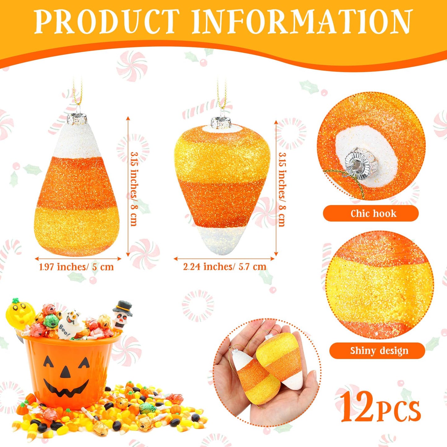12 Pcs Halloween 3D Glitter Candy Corn Ornaments Large Halloween Candy Corn Hanging Pendant with Ropes Mini Tree Decorations for Halloween Christmas Holiday Garland Candy Party(Candy Style)