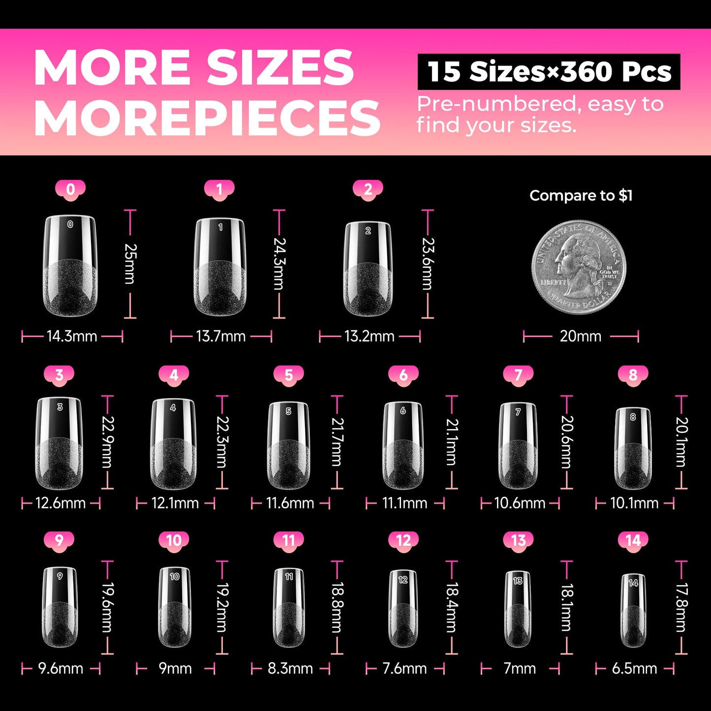 UNA GELLA Square Gel Nail Tips: 360Pcs 15 Sizes Pre-Etched Nails Tips Medium Square Full Cover Clear Acrylic False Nails No C Curve for Press on Nail Extension Home DIY Salon for Women Girls